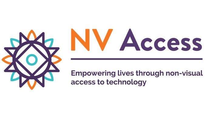 NV Access logo featuring an orange, purple, and turquoise sunburst on the left with orange 'NV' and purple 'Access' over smaller 'Empowering lives through non-visual access to technology' on the right, all on a white background